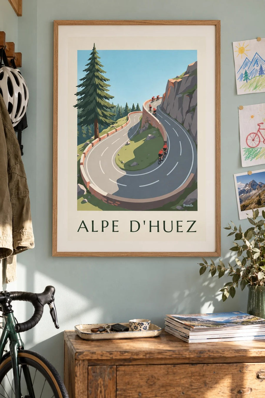 Alpe d'Huez Mountain Cyclists Poster : framed on the wall