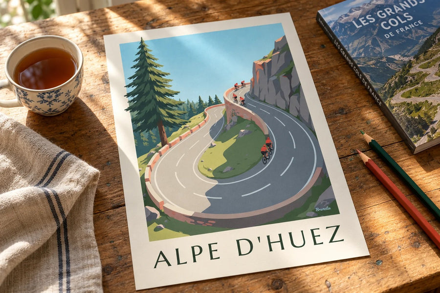 Alpe d'Huez Mountain Cyclists Poster : standing on a table