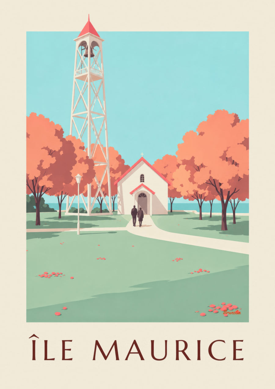 Mauritius red-roofed church poster (ÎLE MAURICE title)