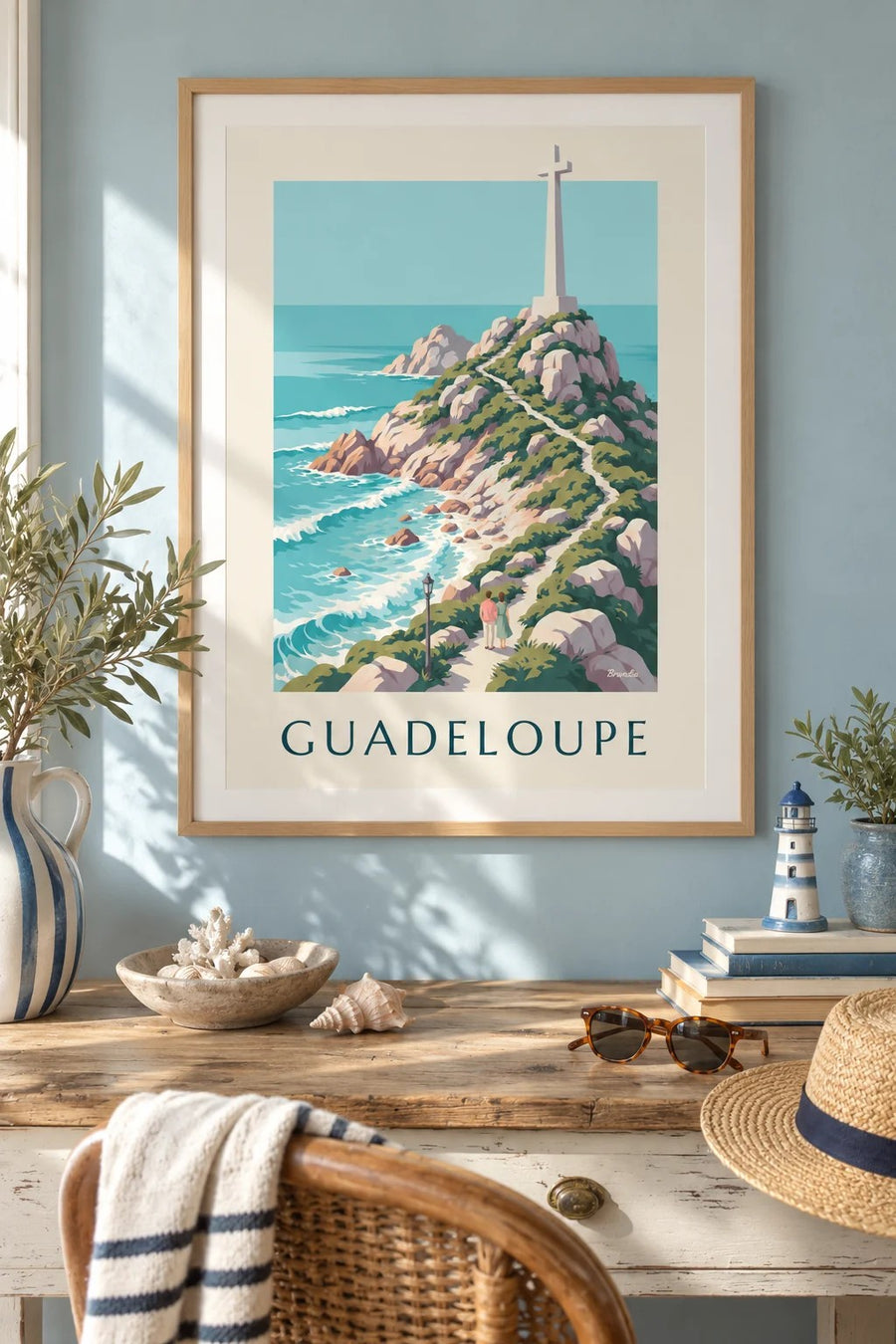 Affiche Guadeloupe Pointe des Châteaux et sa croix : encadrée au mur