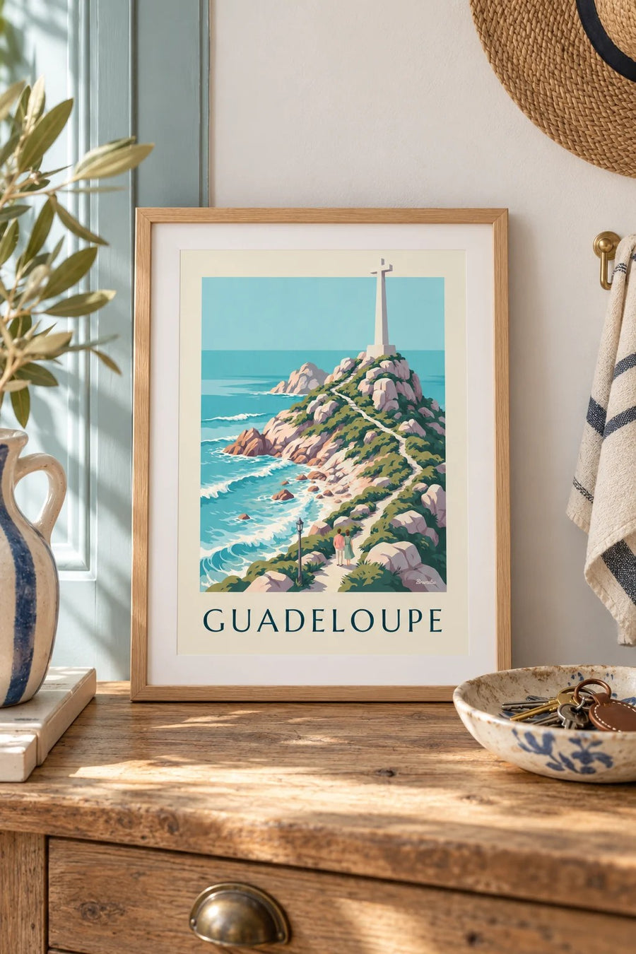 Affiche Guadeloupe Pointe des Châteaux et sa croix : petit format A4 encadré