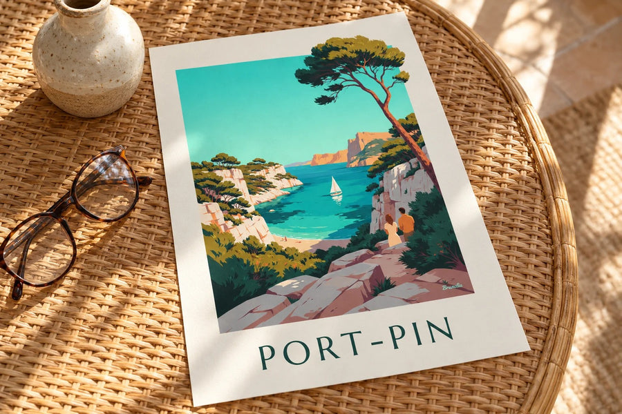 Affiche calanque de Port-Pin et voilier : posée sur une table