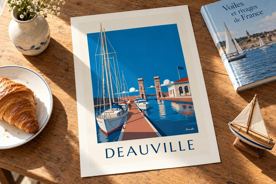 Affiche Port-Deauville marina et voiliers : posée sur une table