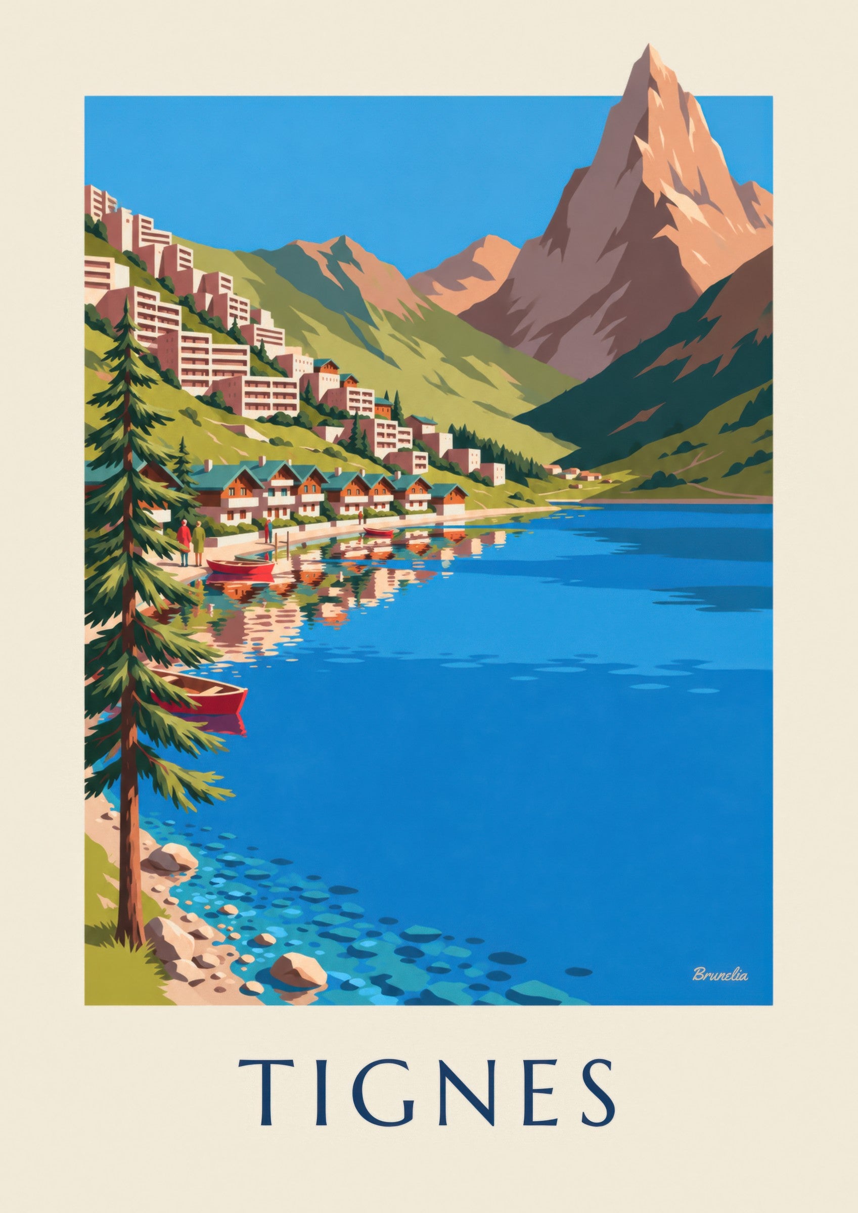 Tignes, the Lake and Tignes-Le Lac in Summer Poster: close-up detail