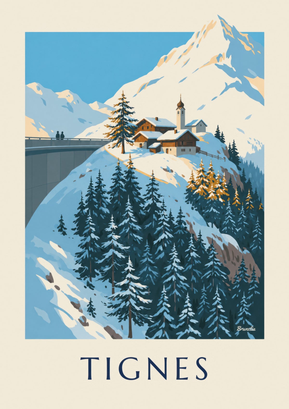 Tignes 1800 and its steeple in winter poster
