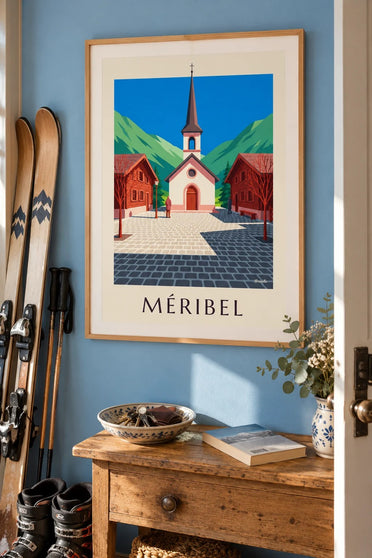 Méribel, pink chapel poster : framed on the wall