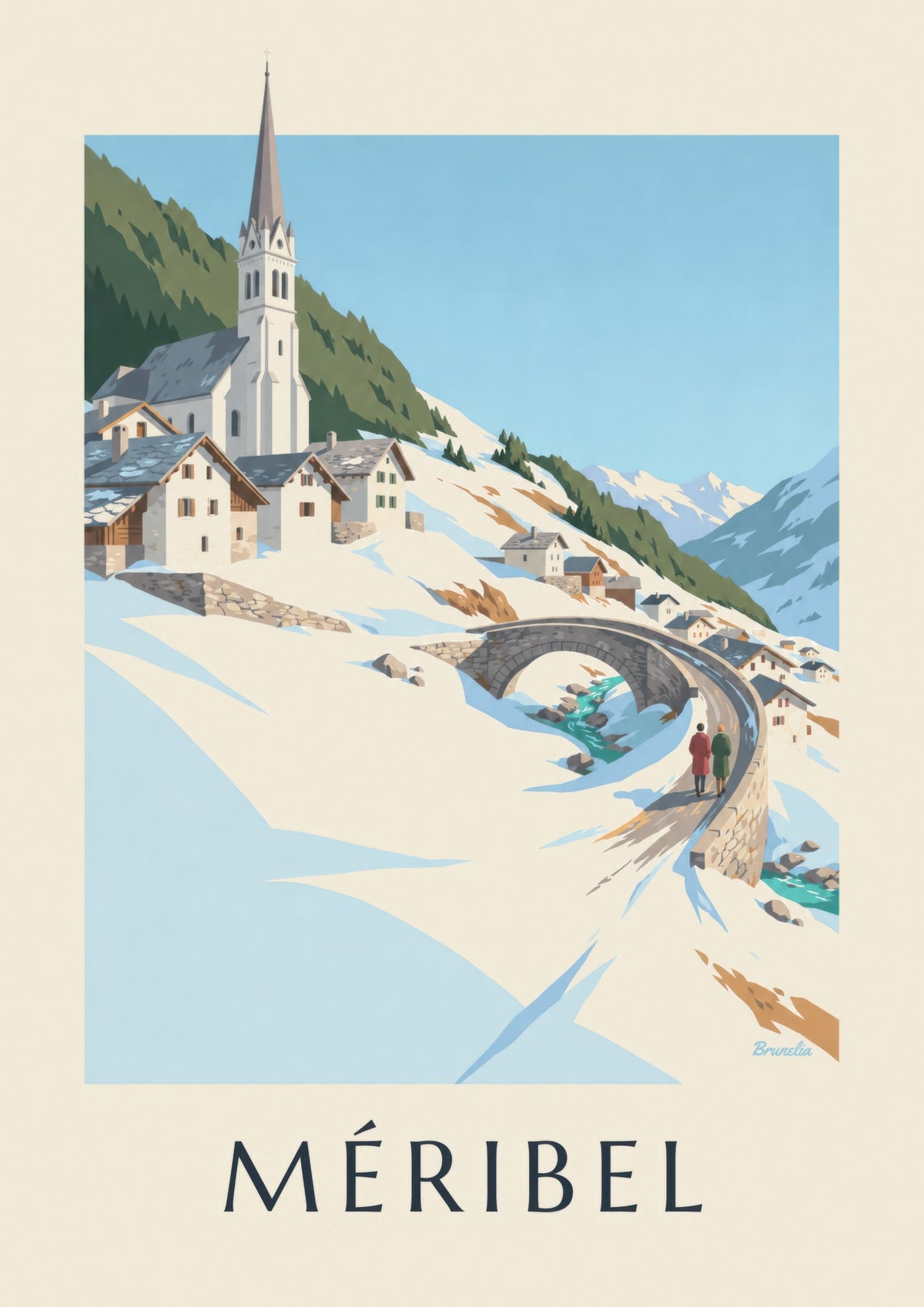 Méribel poster, the bridge and church of Les Allues
