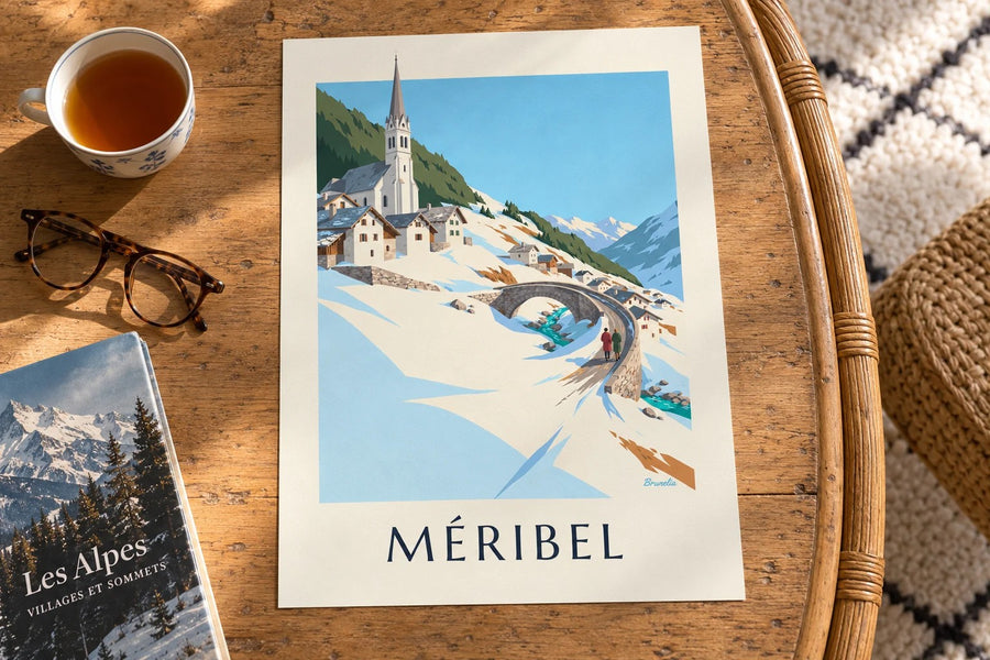 Affiche Méribel, le pont et l'église des Allues : posée sur une table