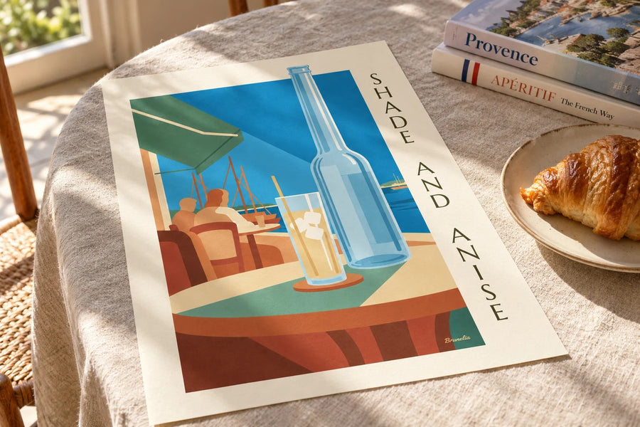 Affiche pastis et carafe d’eau au port : posée sur une table