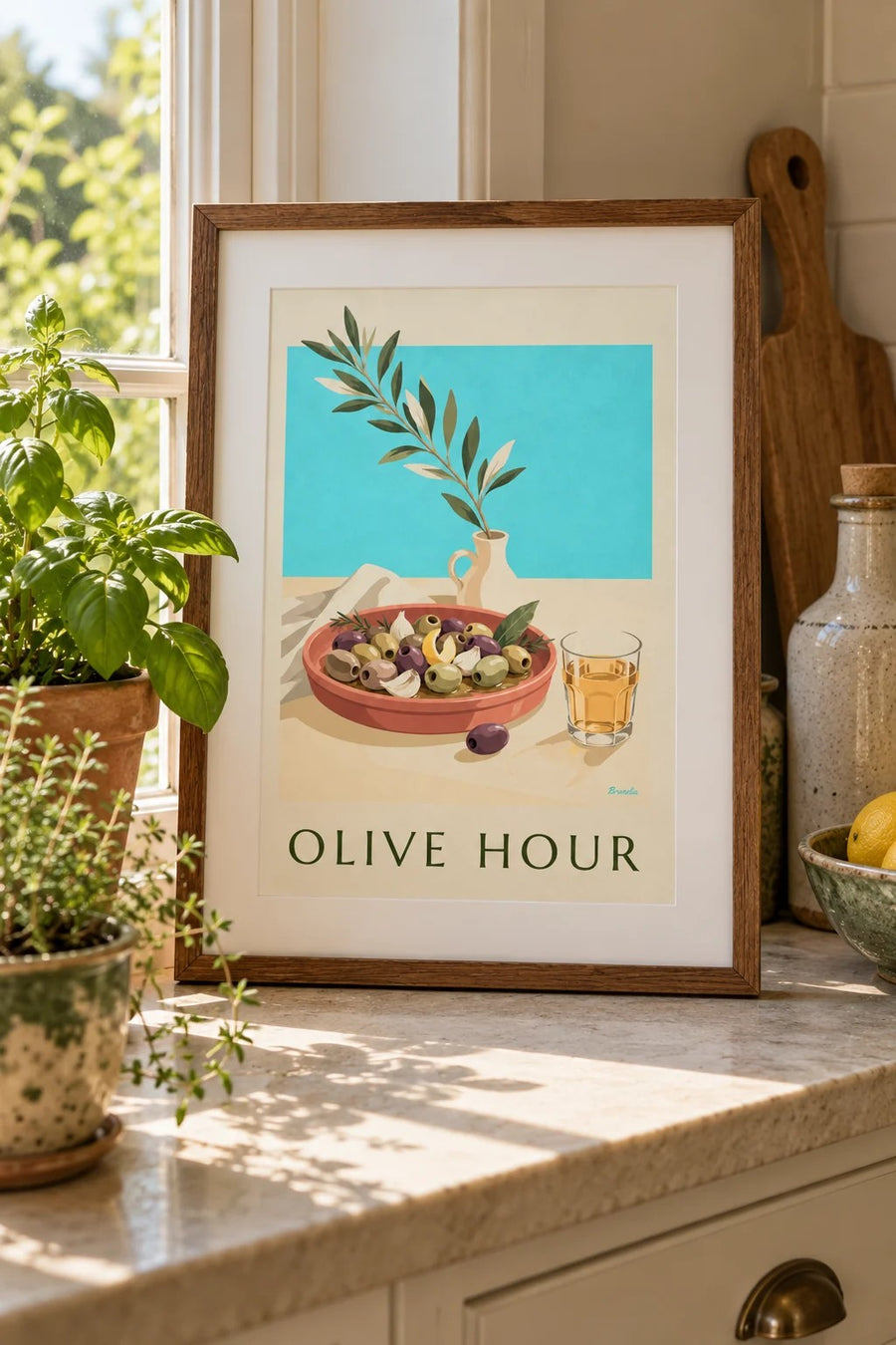 Affiche olives de Provence à l'apéritif : petit format A4 encadré