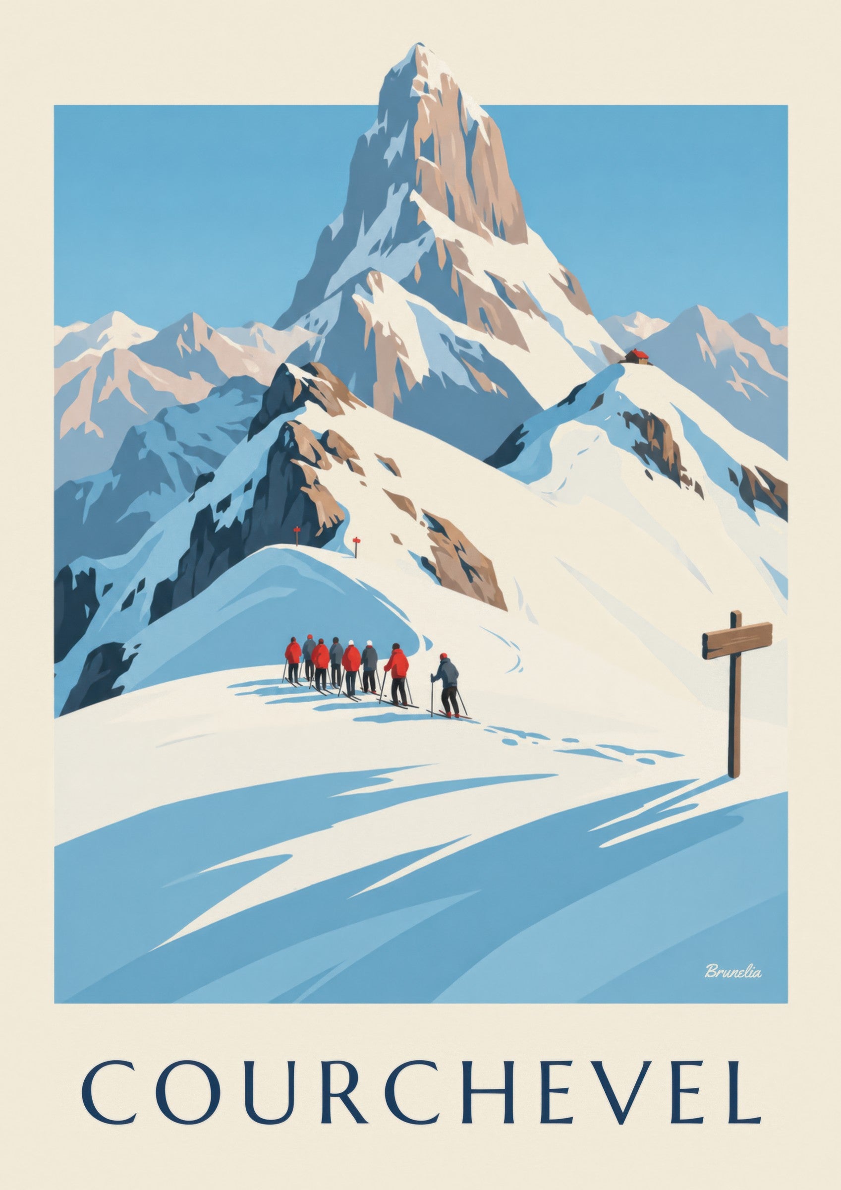 Courchevel poster, skiers facing Vanoise: close-up detail