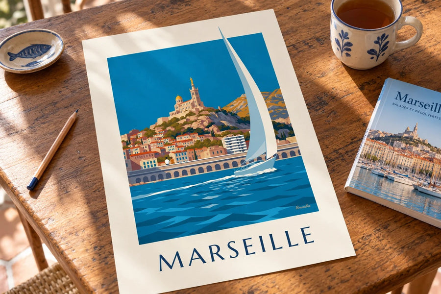 Affiche Notre-Dame-de-la-Garde vue depuis la mer : posée sur une table