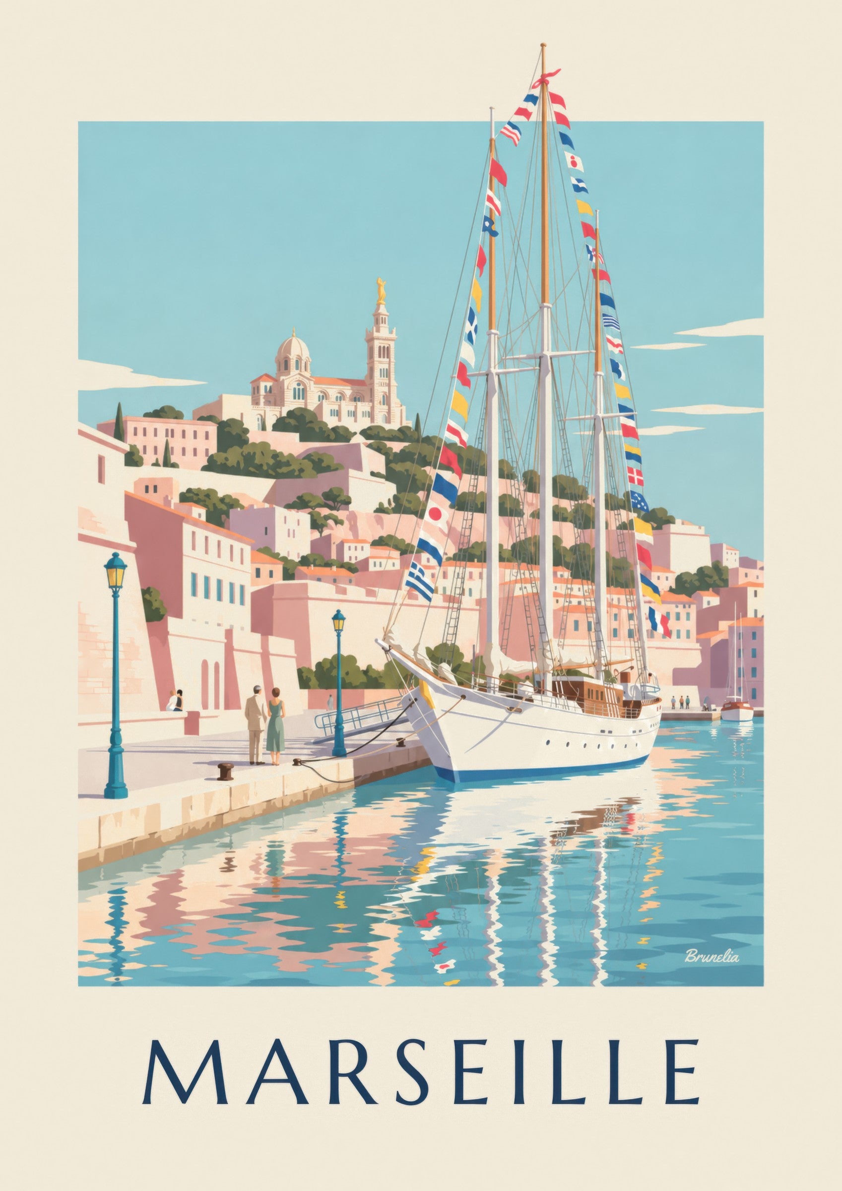 Affiche grand voilier au port de Marseille: close-up detail