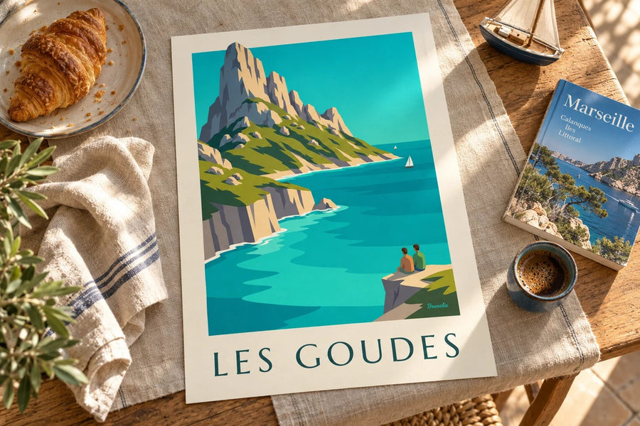 Affiche île Maïre face aux Goudes, eau turquoise : posée sur une table
