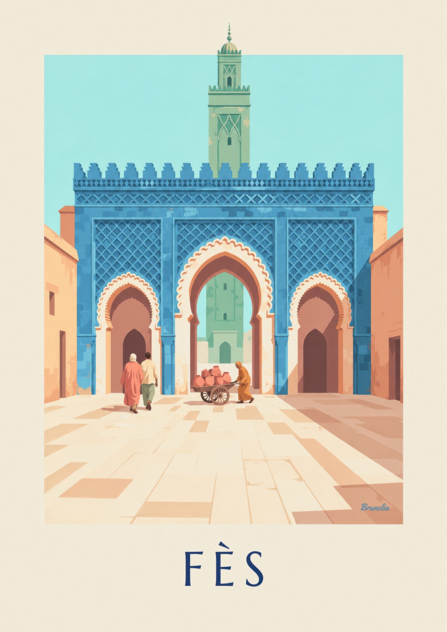 Fez Bab Bou Jeloud blue zellige poster: close-up detail