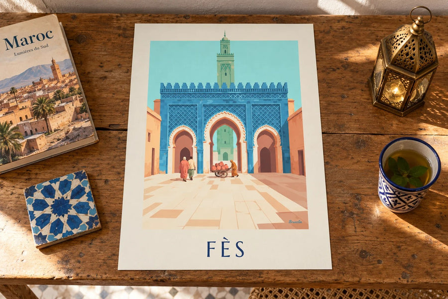Affiche Bab Bou Jeloud de Fès, zelliges bleus : posée sur une table