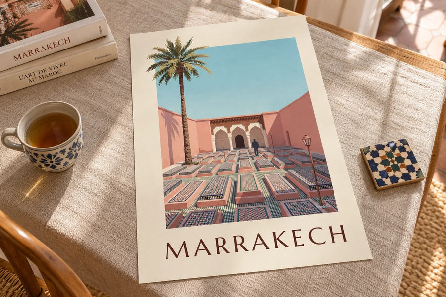 Affiche Tombeaux saadiens de Marrakech, arcades et zelliges : posée sur une table