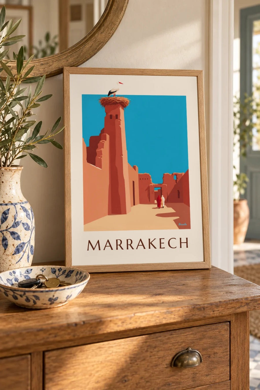 Affiche cigogne sur les remparts d’El Badi à Marrakech : petit format A4 encadré