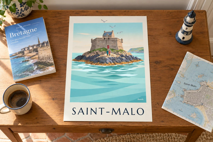 Affiche du fort du Petit Bé à Saint-Malo : posée sur une table