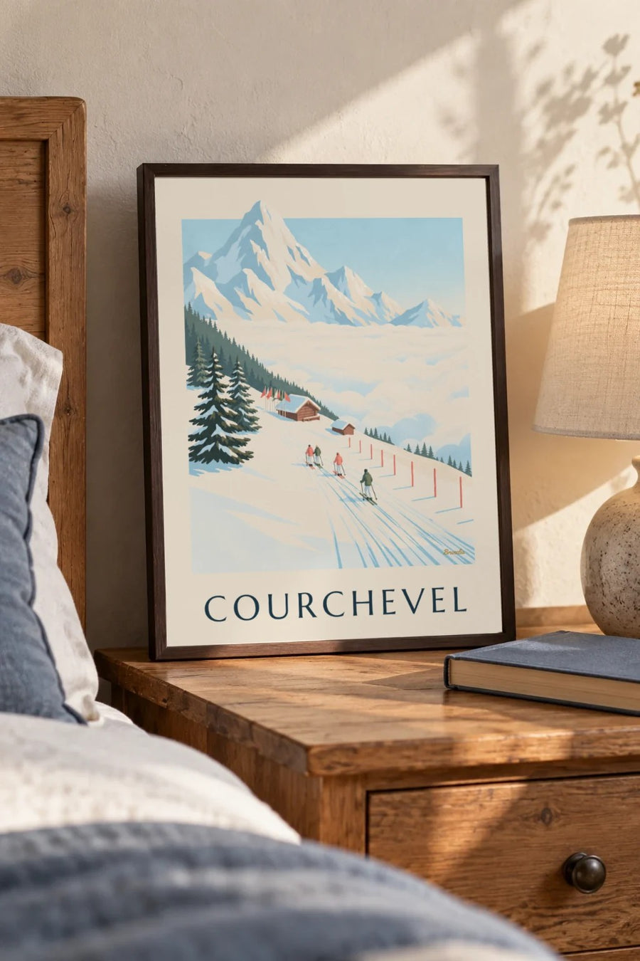Affiche pistes de Courchevel face au Mont-Blanc : petit format A4 encadré