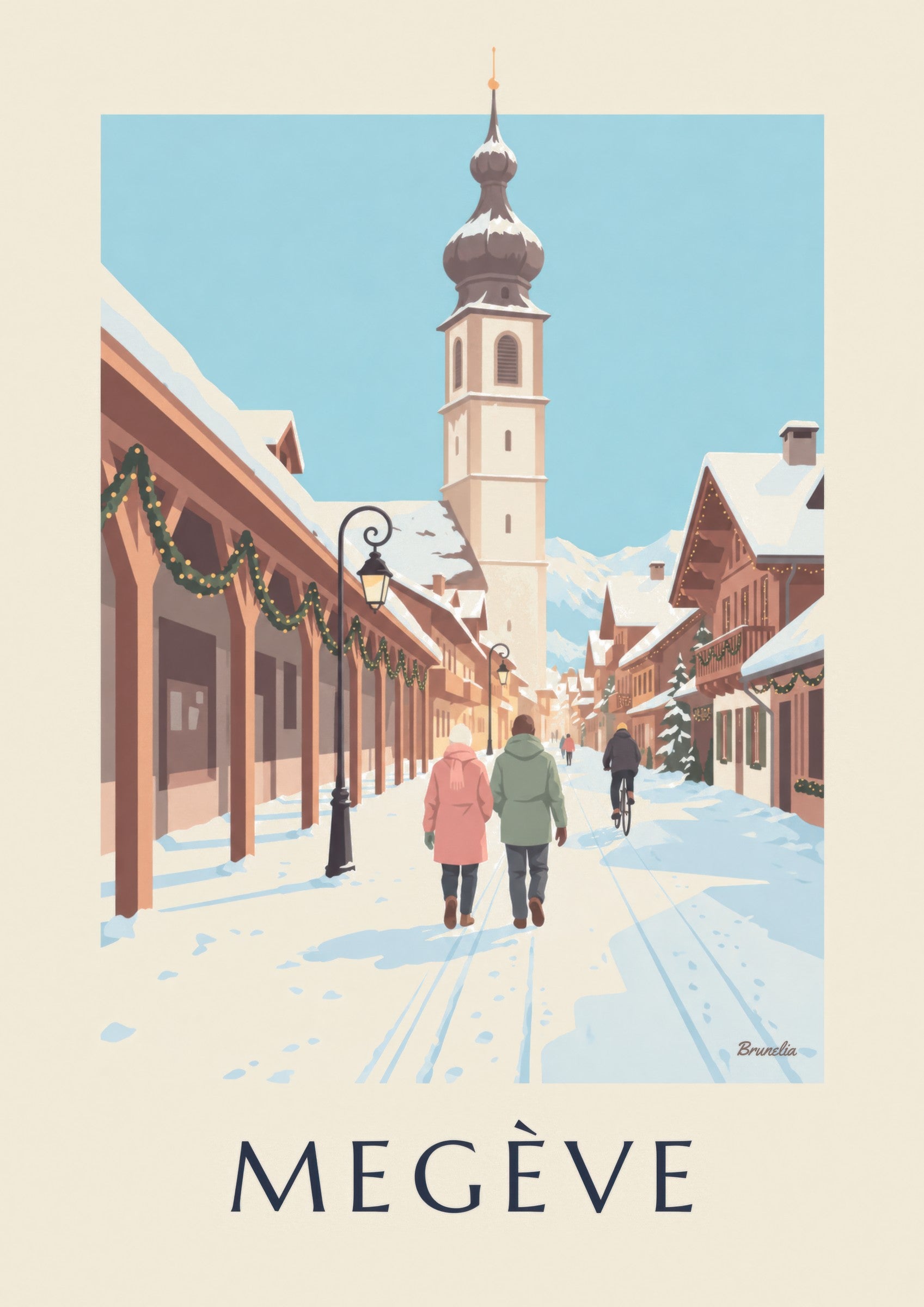 Megève pedestrian street and bell tower poster: close-up detail