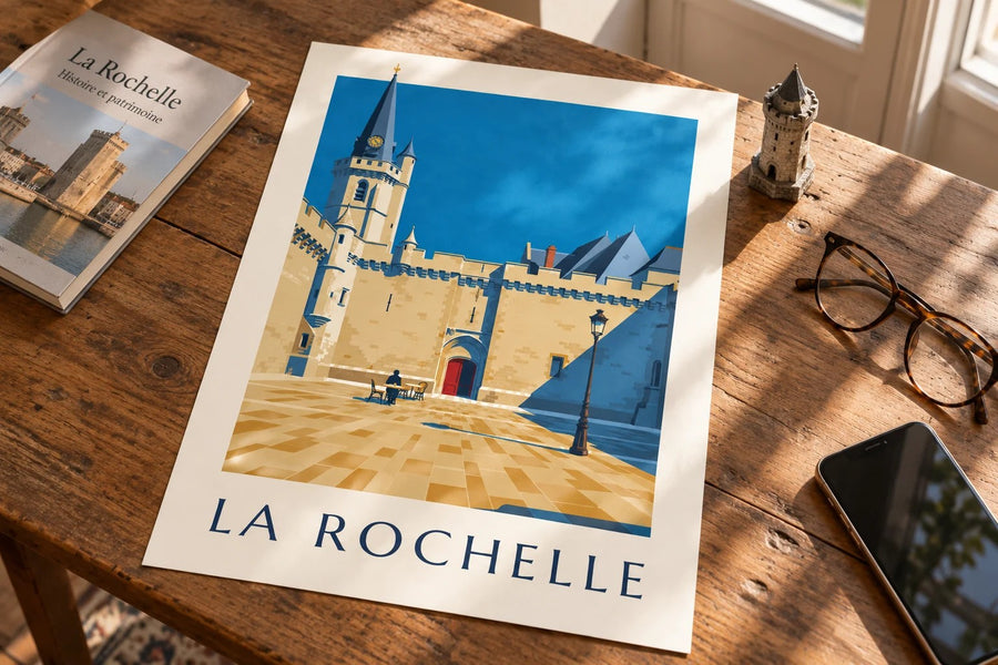 Affiche Hôtel de Ville gothique de La Rochelle : posée sur une table