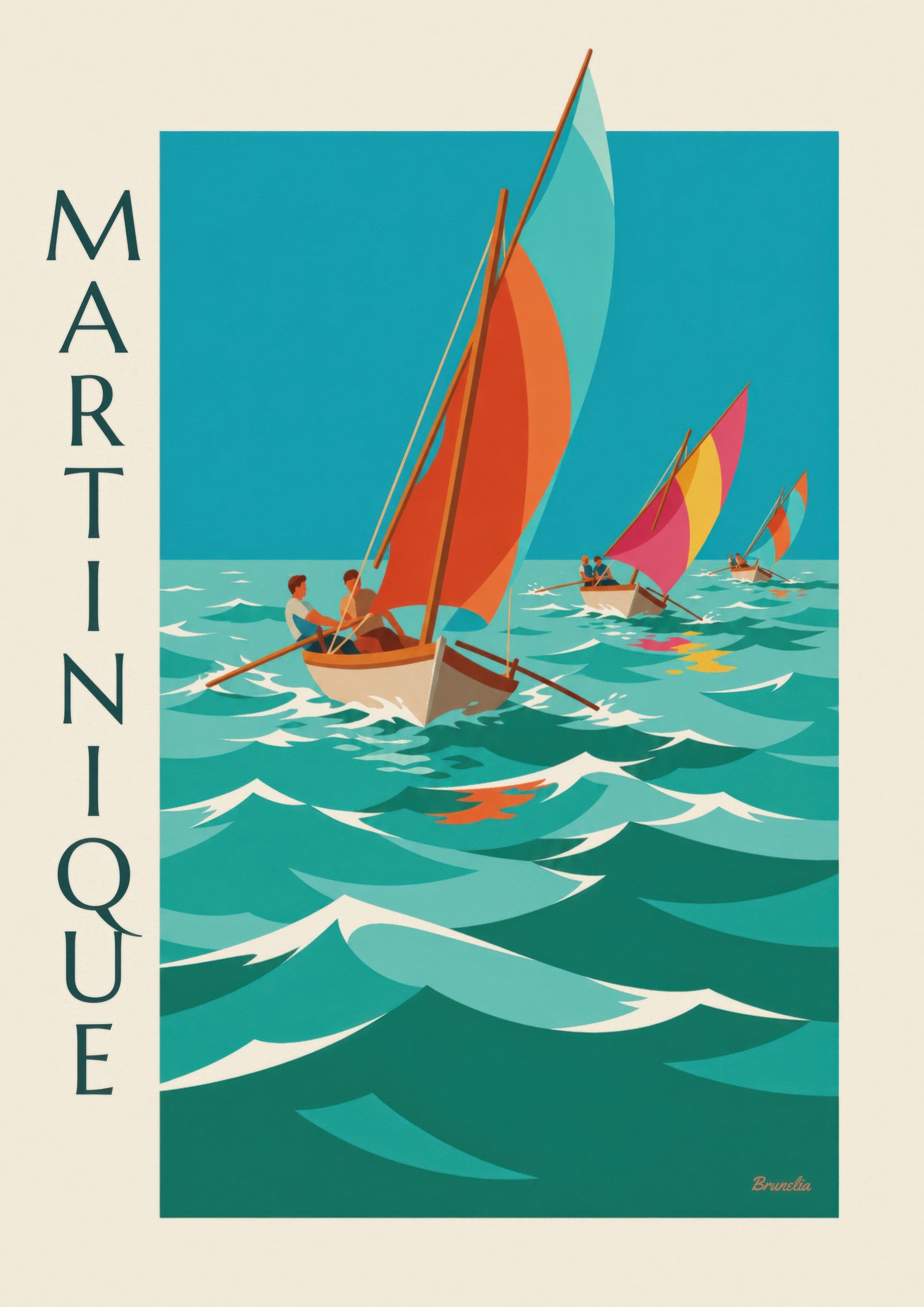 Martinique yole race with colorful sails poster: close-up detail