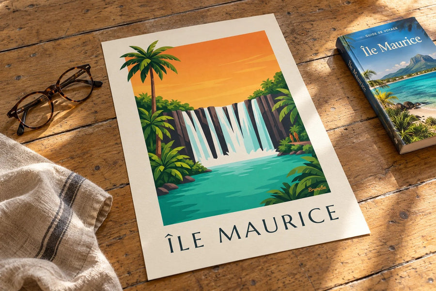 Affiche Île Maurice, cascade de Rochester (titre ÎLE MAURICE) : posée sur une table