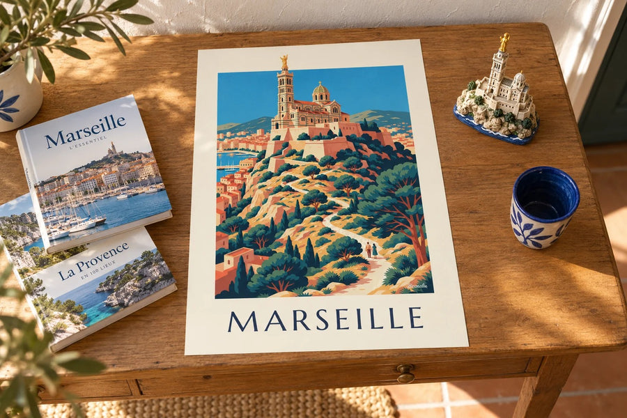 Affiche Notre-Dame-de-la-Garde au coucher du soleil : posée sur une table