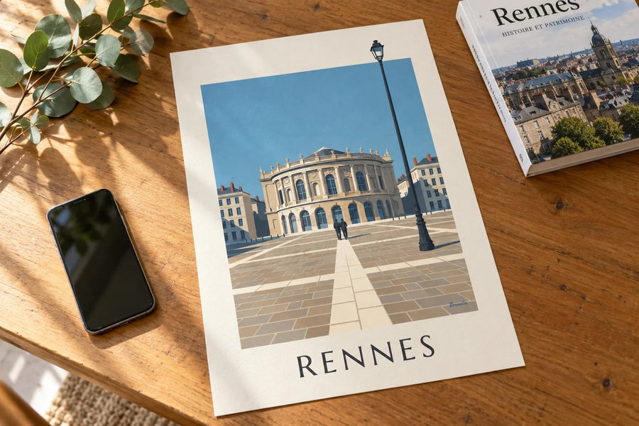 Affiche Rennes, l’opéra en rotonde place de la Mairie : posée sur une table