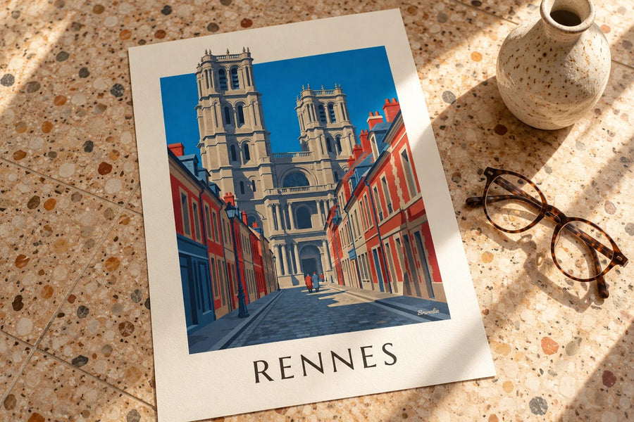 Affiche Rennes, cathédrale Saint-Pierre et ses tours : posée sur une table