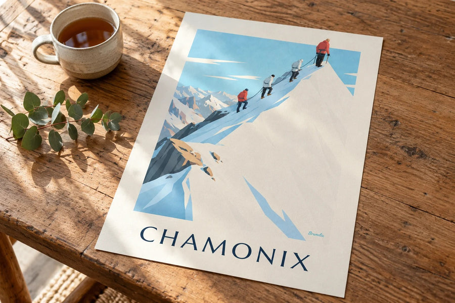 Mountaineers on the Aiguille du Midi ridge poster : standing on a table