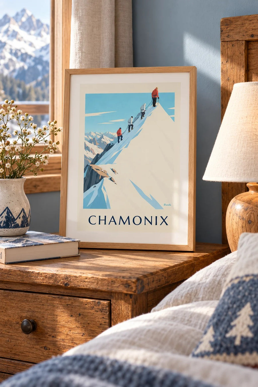 Mountaineers on the Aiguille du Midi ridge poster : small A4 size, framed