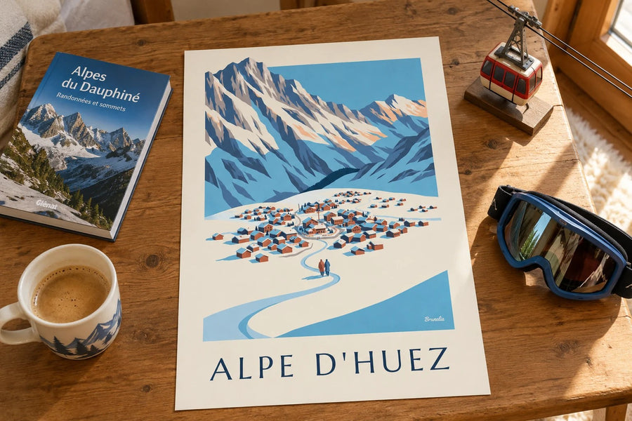 Alpe d'Huez from Pic Blanc in winter poster : standing on a table
