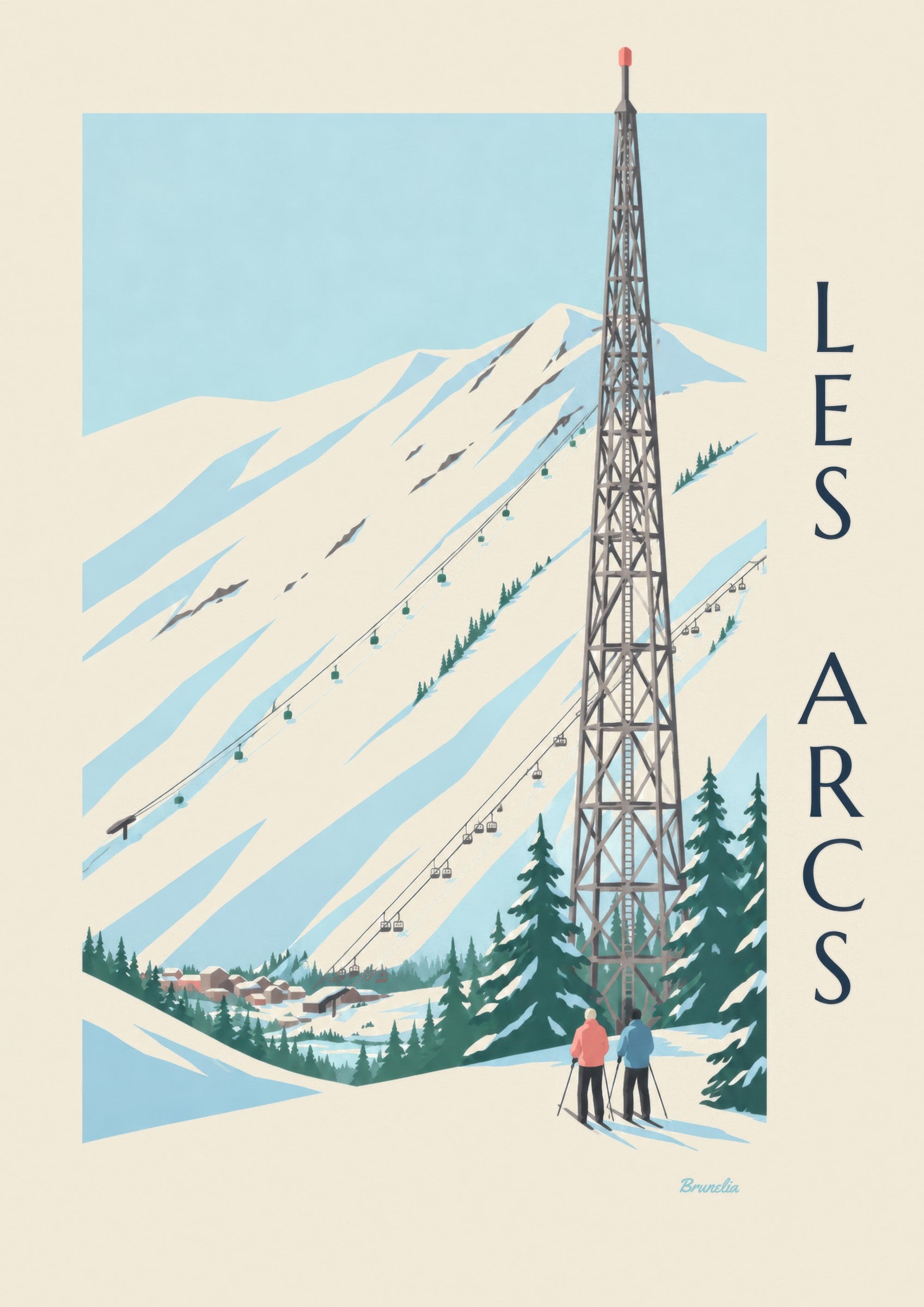 Affiche Les Arcs, Arc 1600 et ses pistes: close-up detail