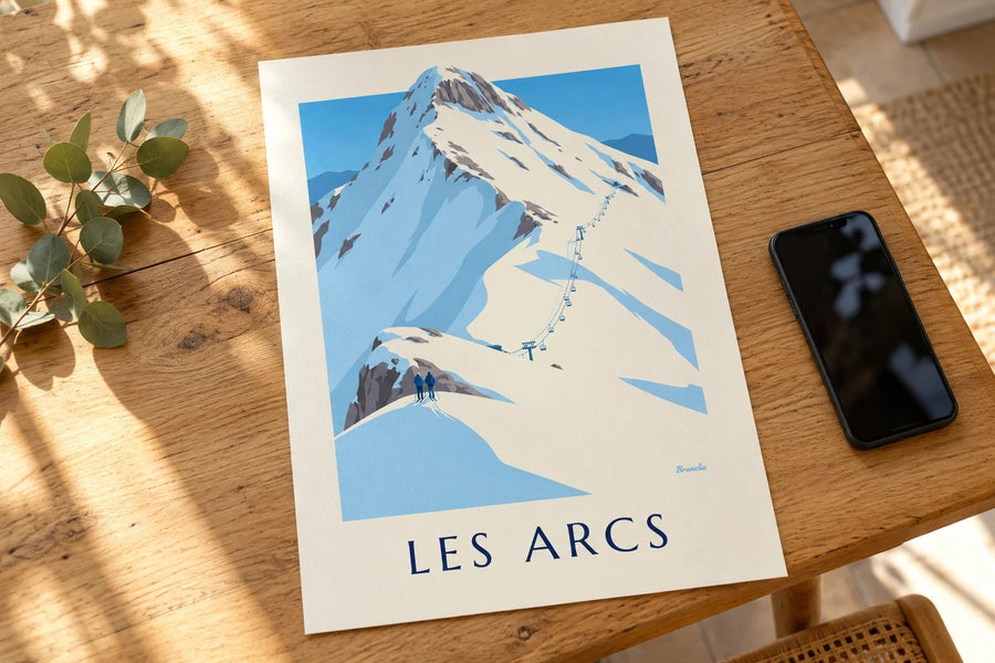 Les Arcs, snowy mountain poster | Brunelia : standing on a table