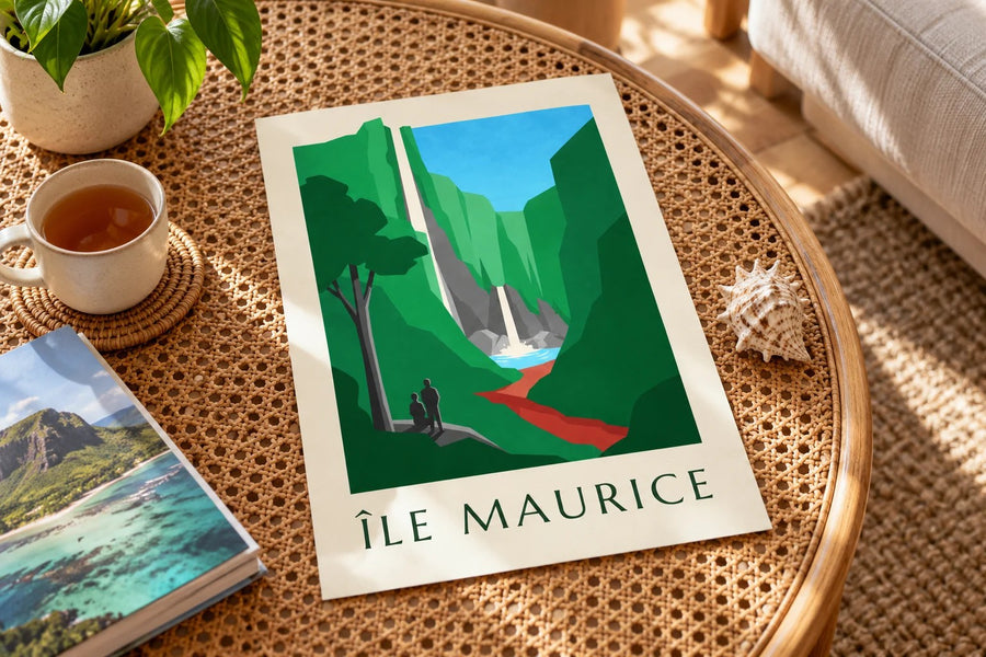 Mauritius Poster, Chamarel Waterfall (MAURITIUS title) : standing on a table