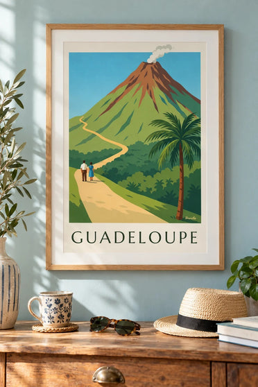 Guadeloupe Poster, La Soufrière Volcano : framed on the wall