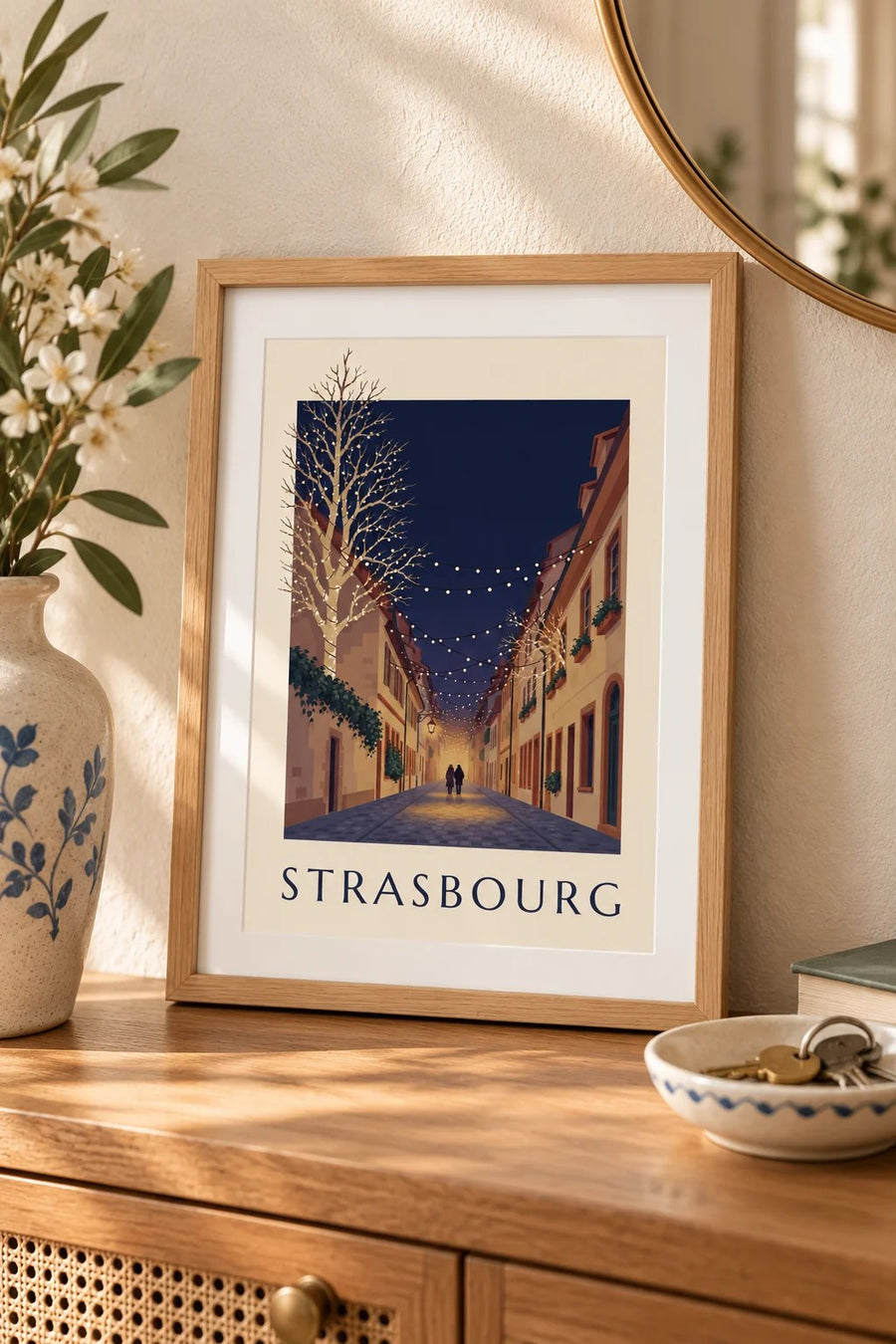 Strasbourg alley lit up for Christmas poster : small A4 size, framed