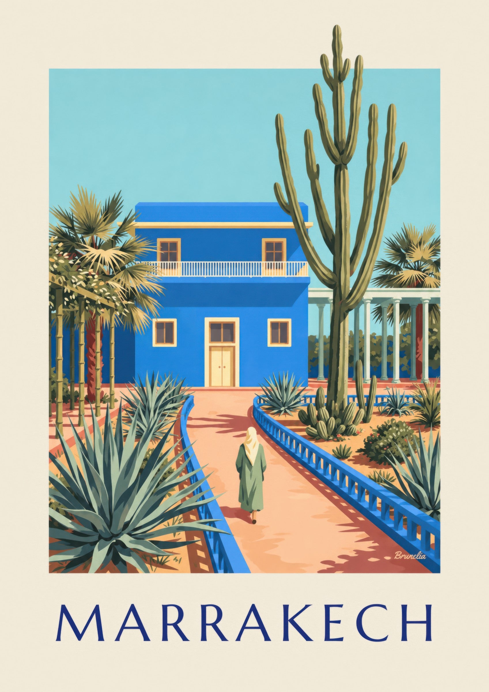 Marrakech blue villa and cactus poster: close-up detail