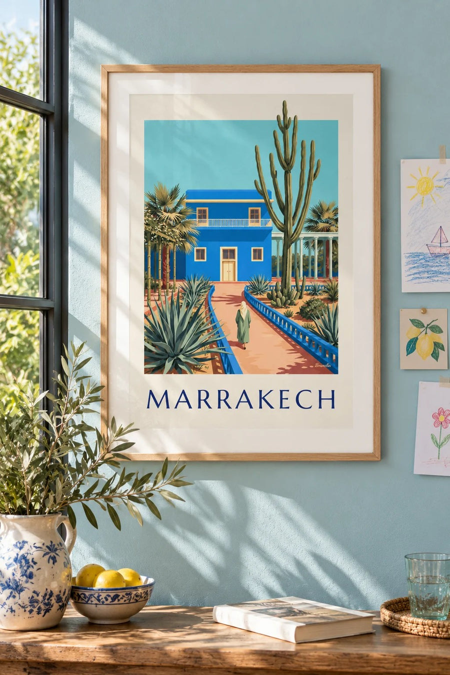 Marrakech blue villa and cactus poster : framed on the wall