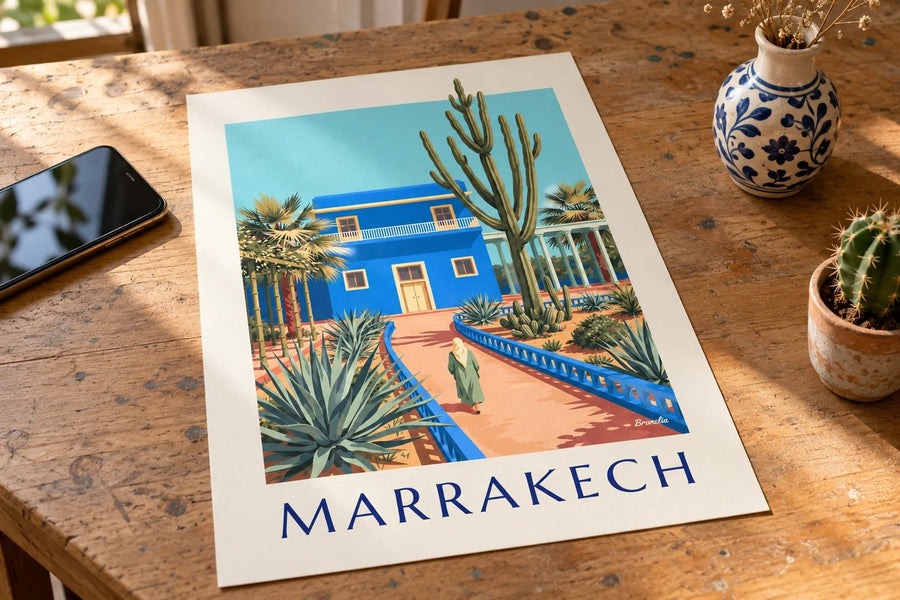 Marrakech blue villa and cactus poster : standing on a table