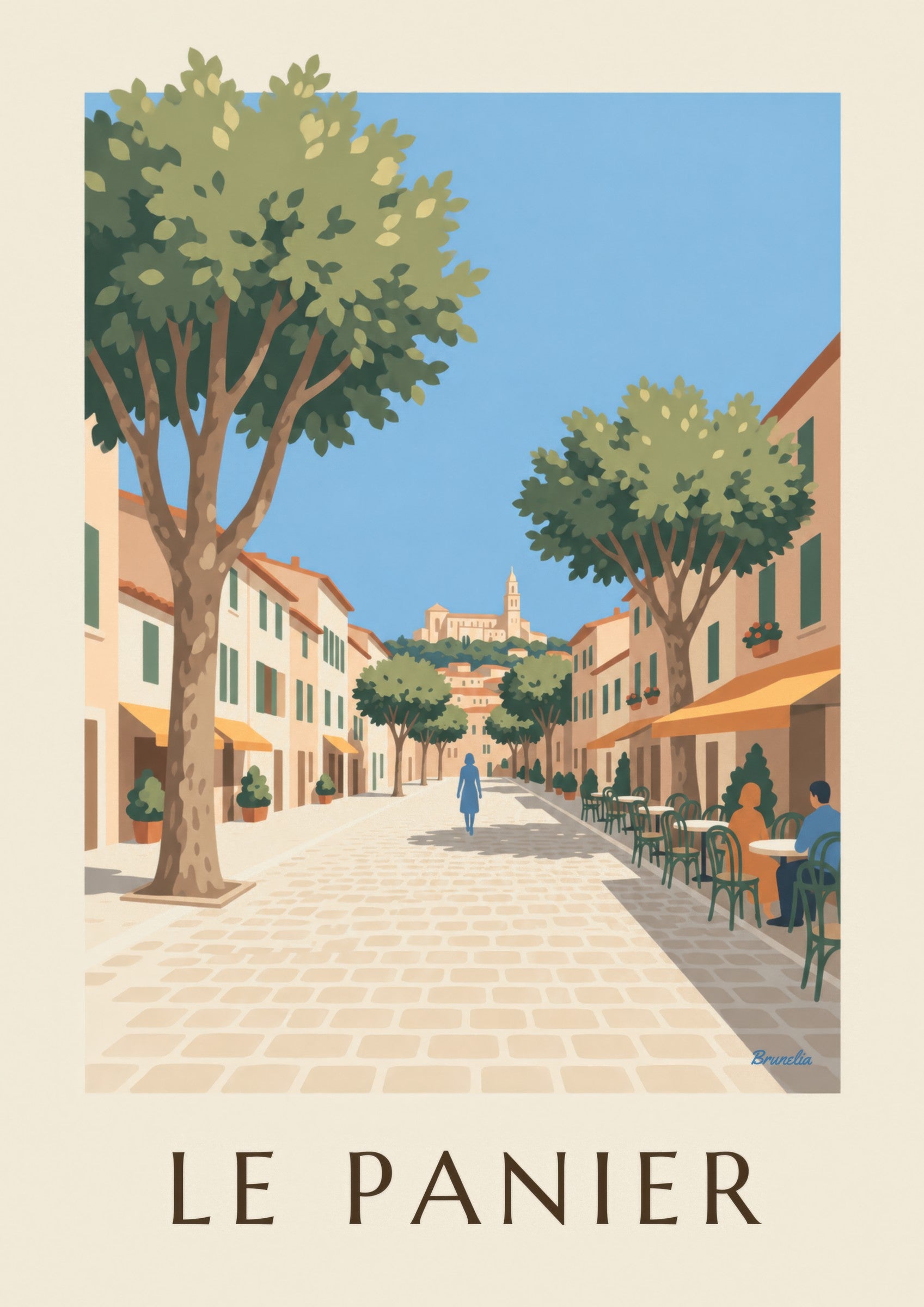 Place de Lenche in Le Panier with terraces and plane trees poster: close-up detail