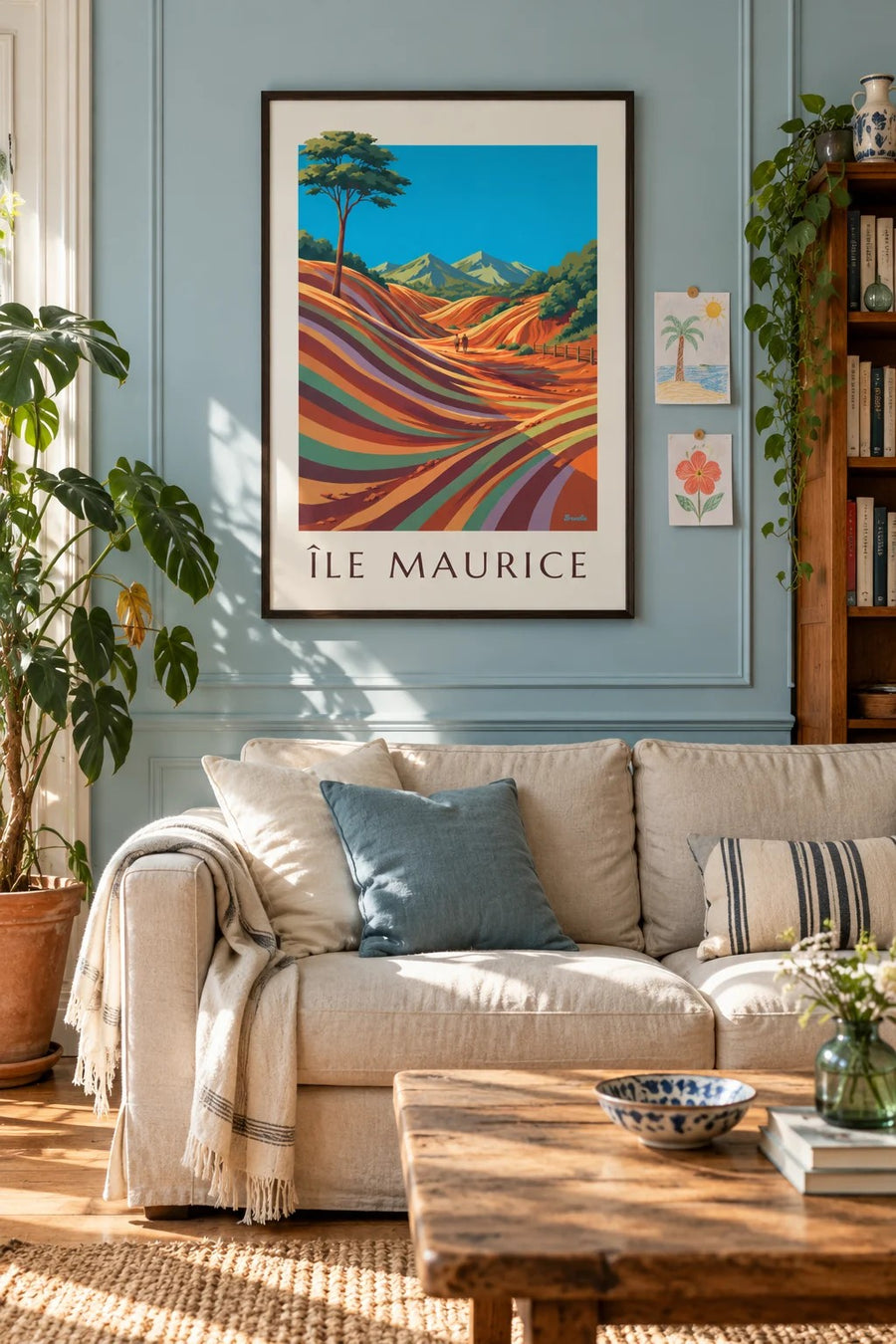 Affiche Île Maurice Chamarel terres des 7 couleurs (titre ÎLE MAURICE) : encadrée au mur