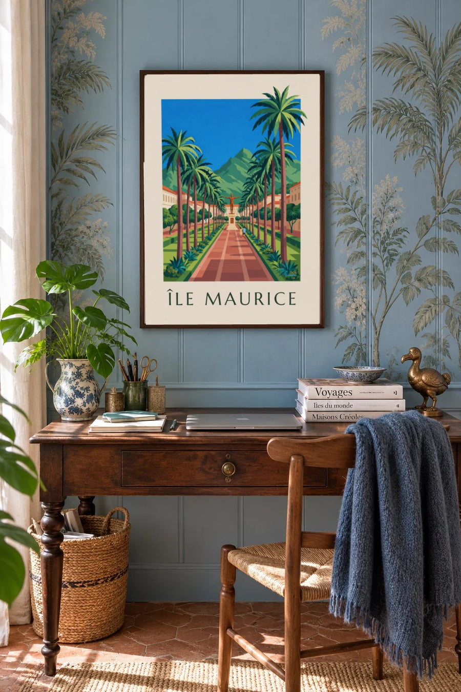 Affiche Port-Louis, place d'Armes et palmiers (titre ÎLE MAURICE) : encadrée au mur