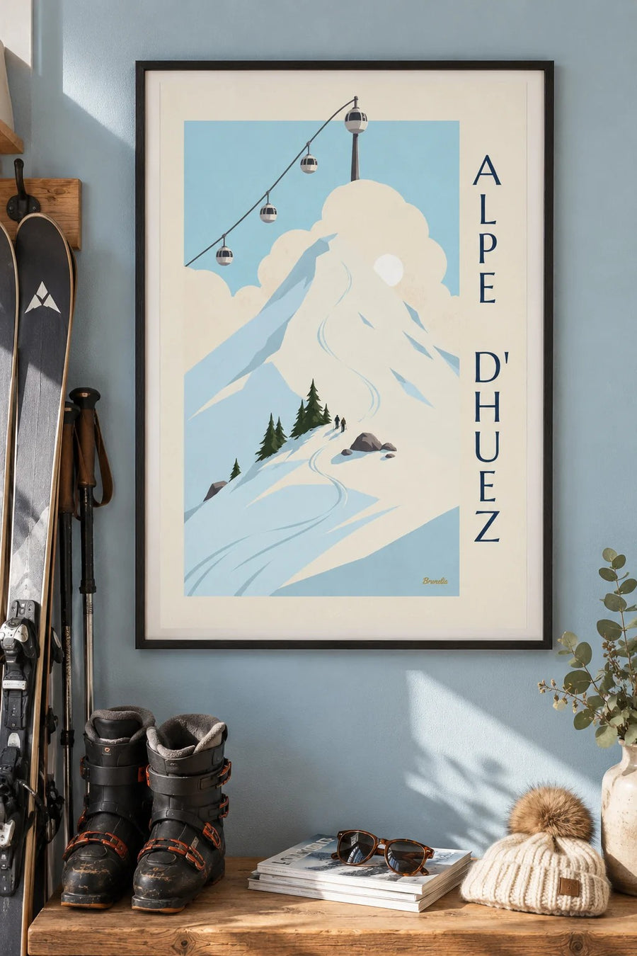 Affiche Alpe d'Huez, cabines œuf au-dessus des pistes : encadrée au mur
