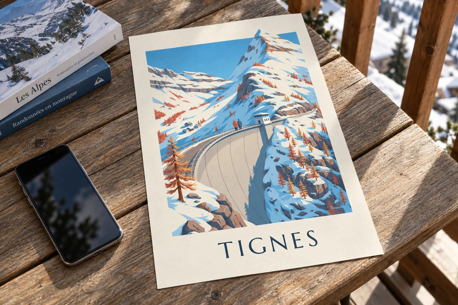 Affiche Tignes, le grand barrage en hiver : posée sur une table