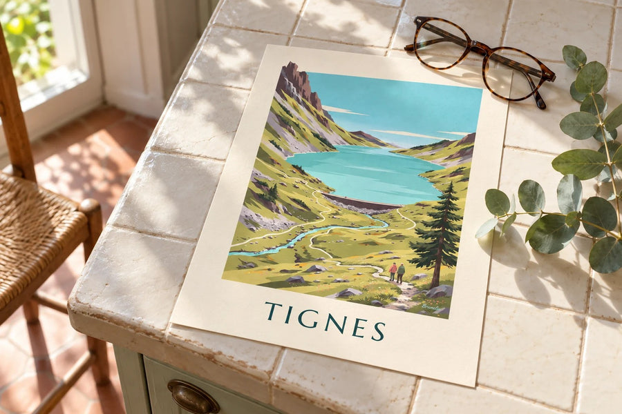 Affiche Tignes, lac turquoise de la Sassière : posée sur une table