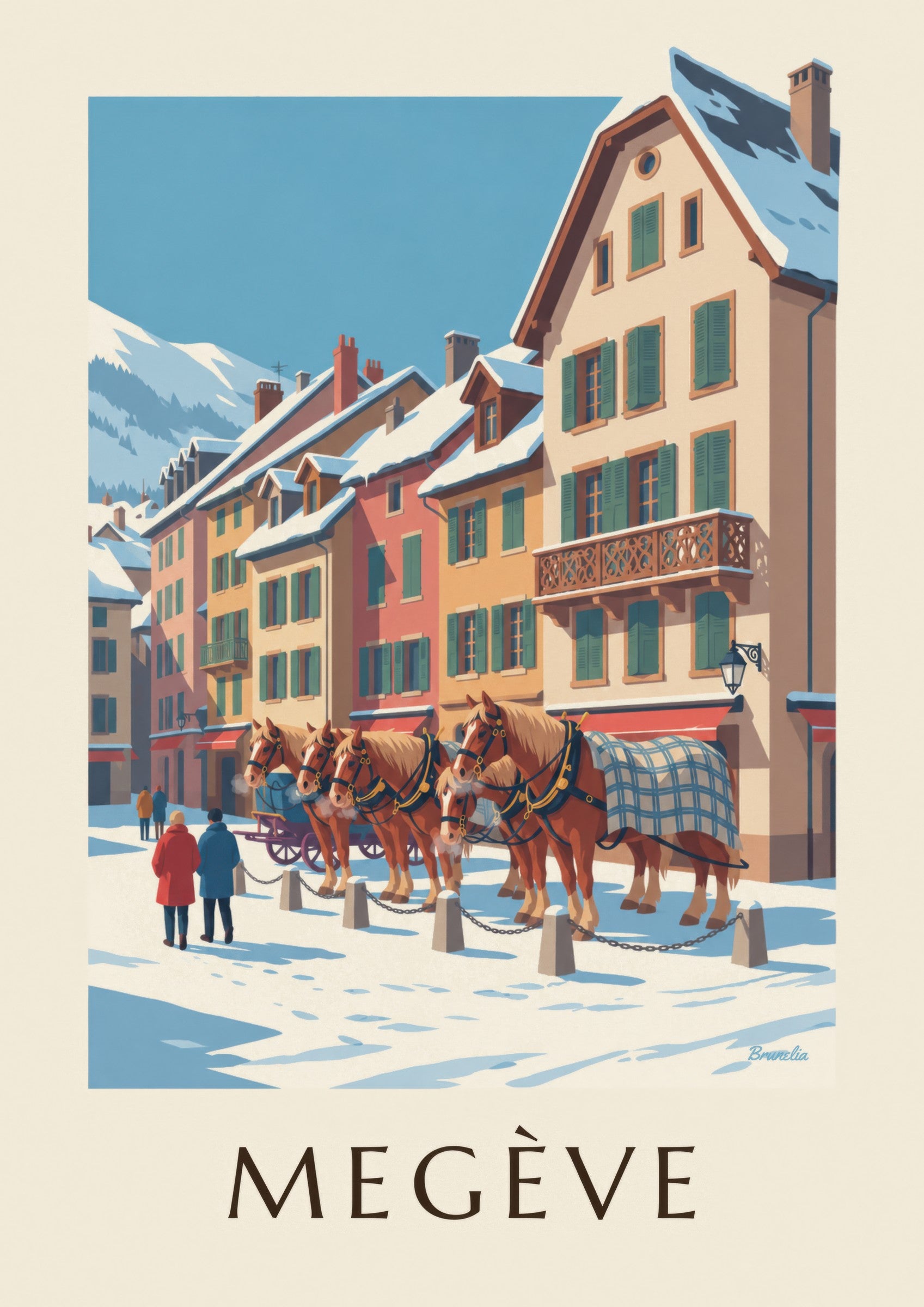 Megève winter horse-drawn carriage poster: close-up detail