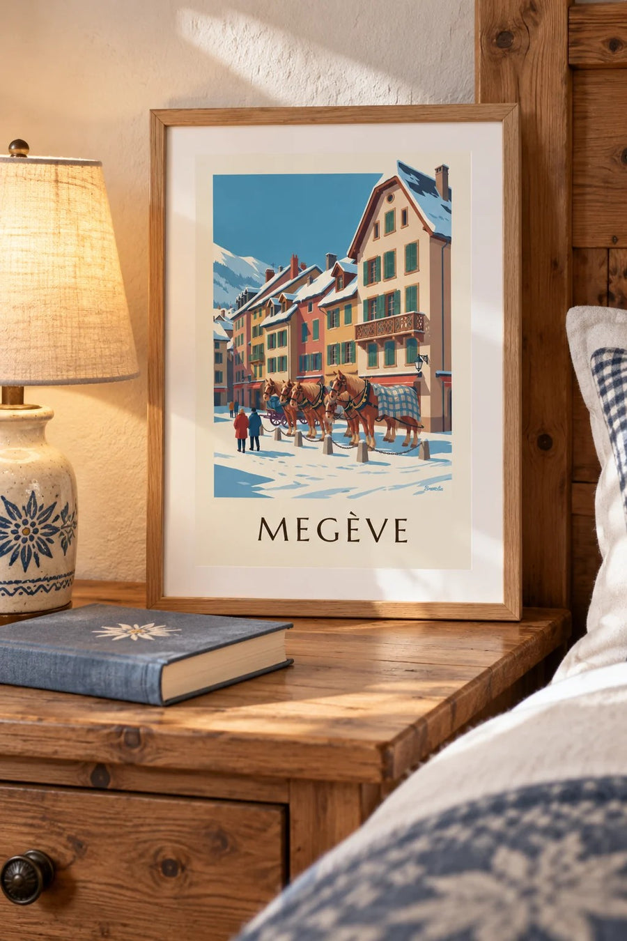 Affiche Megève, chevaux de calèche en hiver : petit format A4 encadré